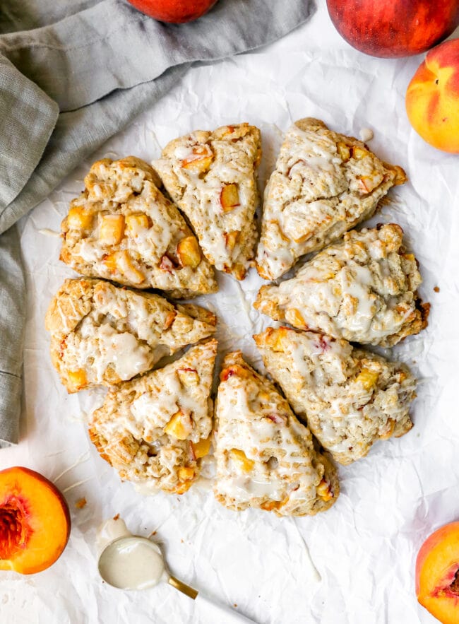 Peach scones with honey vanilla glaze