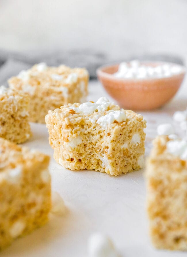 rice krispie treat with a bite taken out.