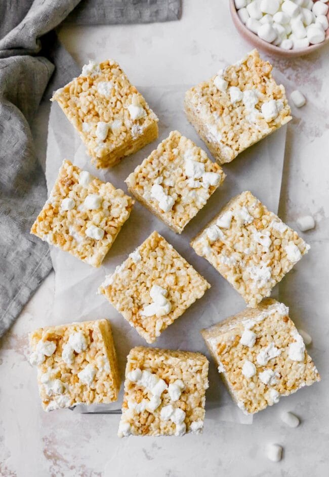 rice krispie treats cut into squares.