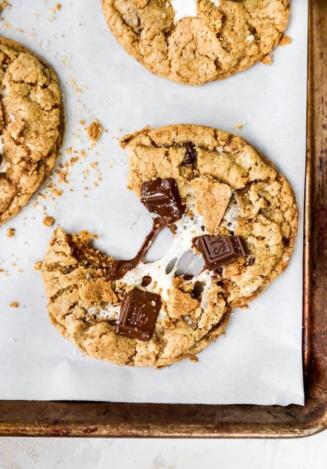 gooey s'mores cookies on pan 