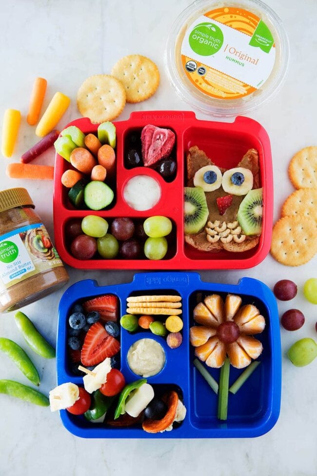 kids lunch boxes  with fruits, vegetables, and owl toast.