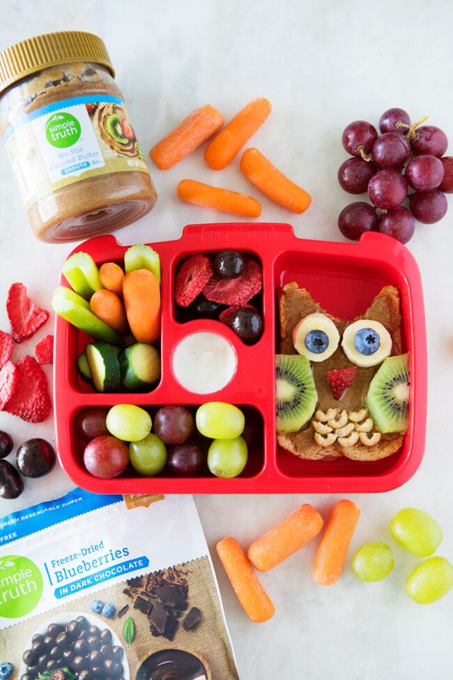 healthy lunch box with fruits, veggies, and owl toast for kids.