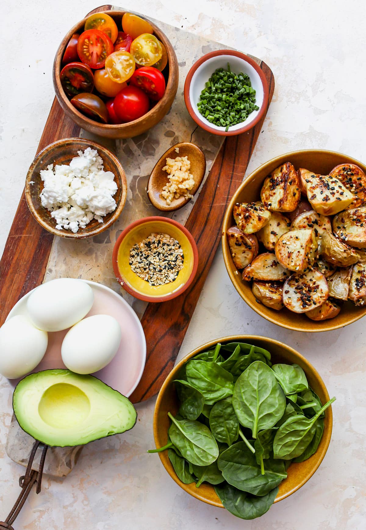 Savory Breakfast Bowl Ingredients in bowls. 