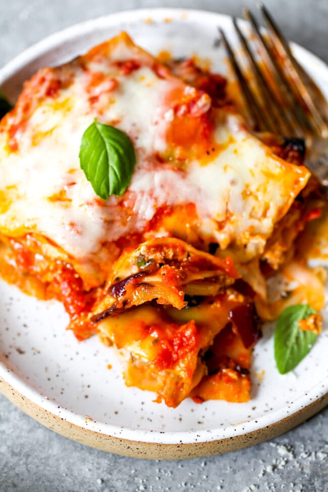 Piece of vegetable lasagna on plate