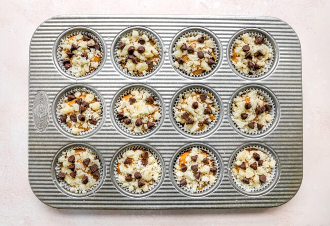 pumpkin chocolate chip muffin batter in muffin pan with streusel topping.