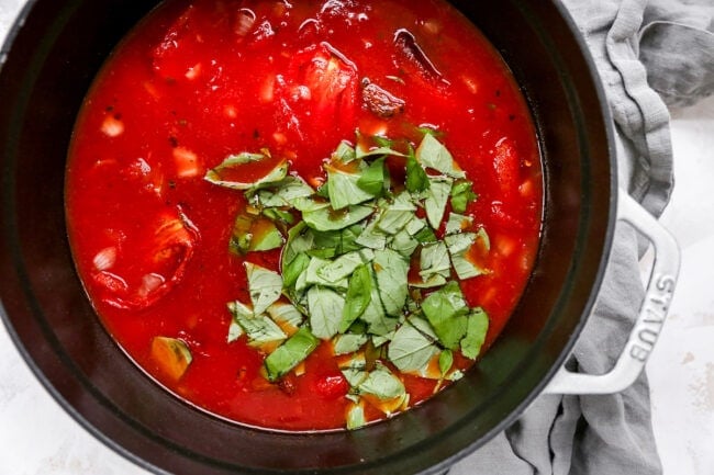 tomato basil soup in pot. 