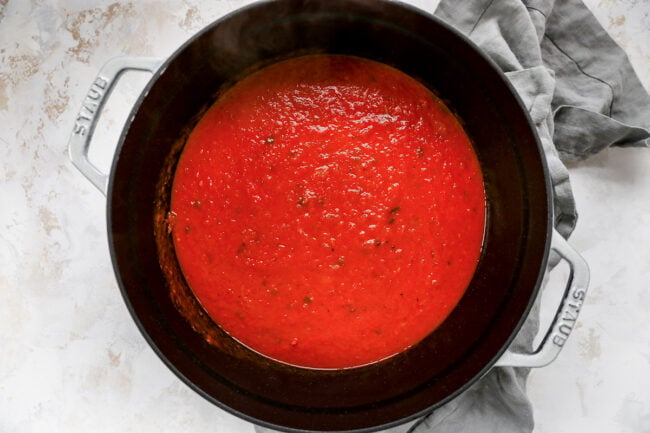 Roasted tomato basil soup blended in pot