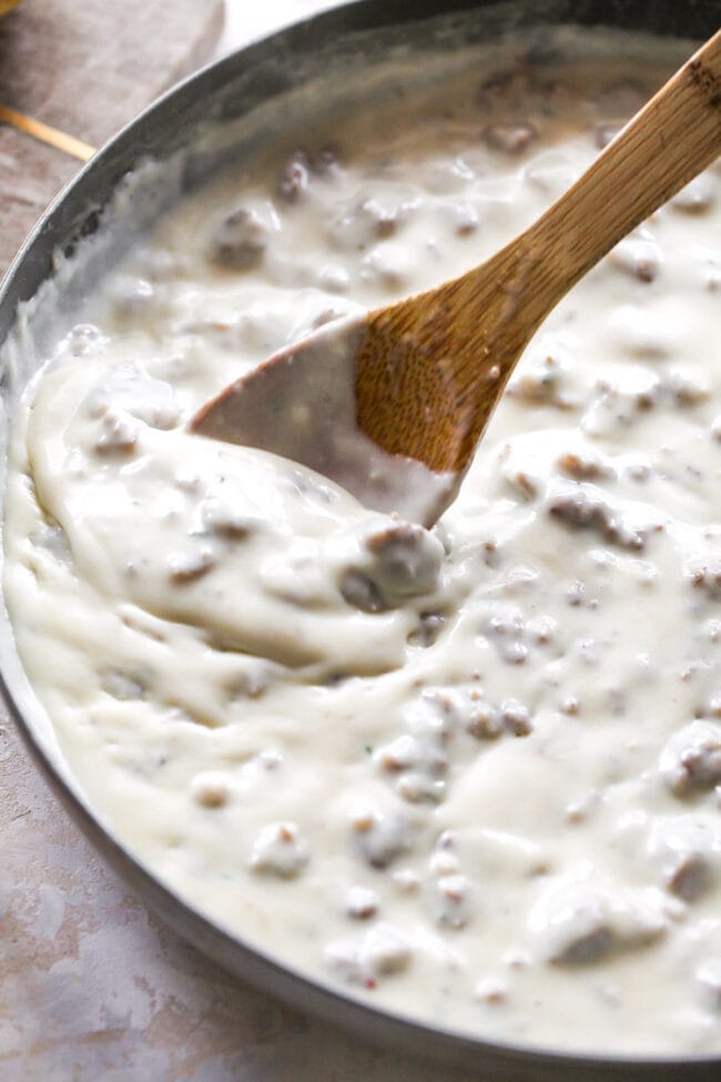 sausage gravy in pan for biscuits and gravy