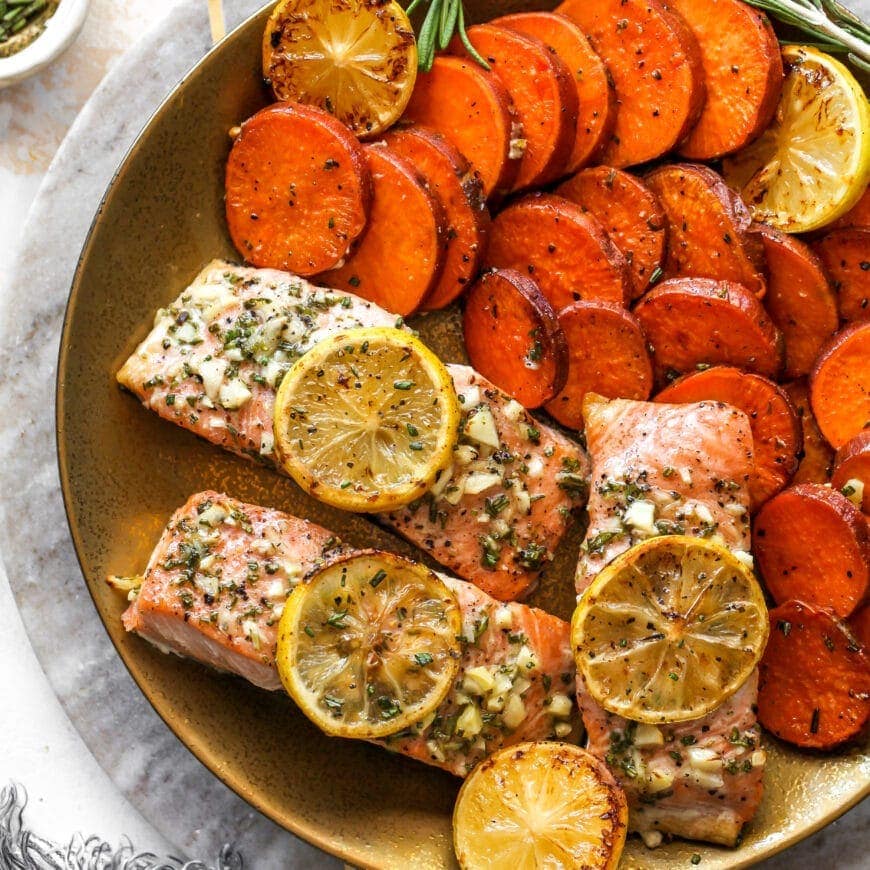 Honey Rosemary Baked Salmon with Sweet Potatoes Two Peas & Their Pod