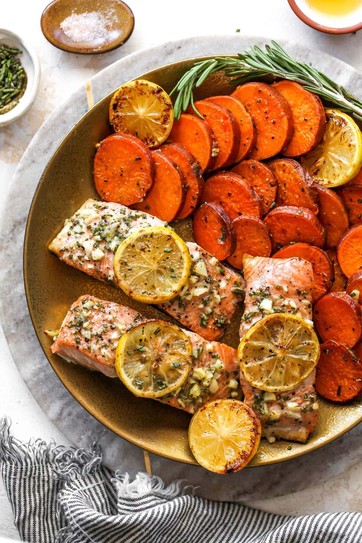 Honey Rosemary Baked Salmon with Sweet Potatoes - Two Peas & Their Pod
