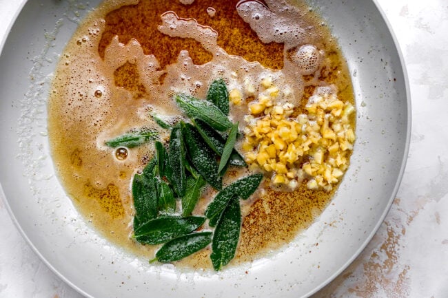 brown butter in pan for brown butter ravioli recipe