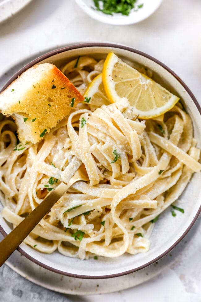 Fettuccine Alfredo on fork