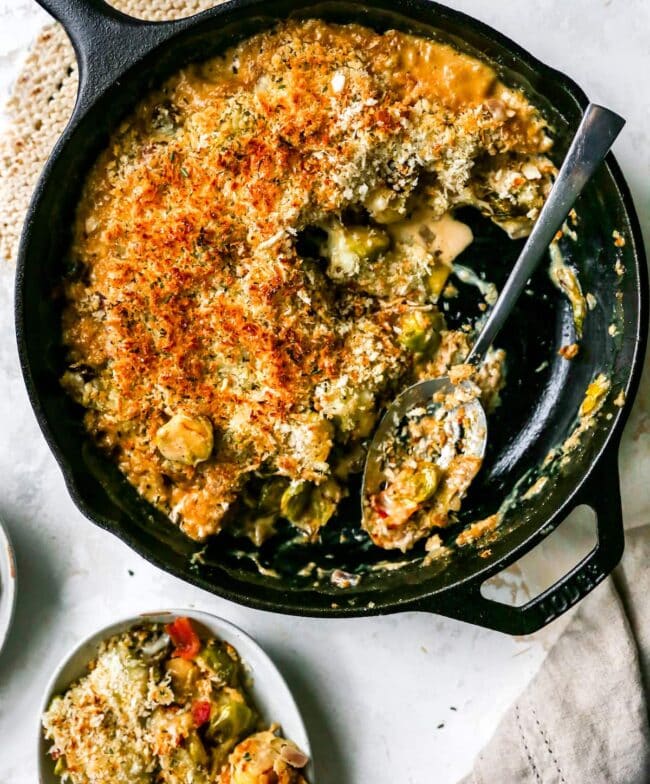 Brussels Sprouts casserole in skillet