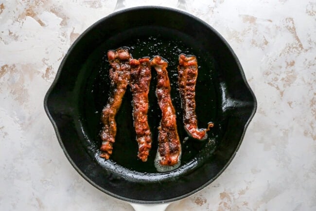 bacon in skillet for brussels sprouts with bacon recipe