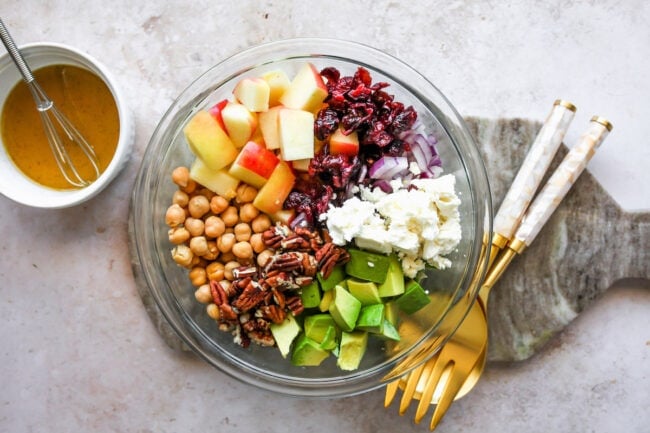 fall chickpea salad ingredients in a bowl