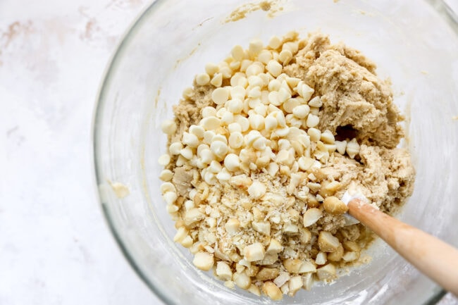 white chocolate macadamia nut cookie dough in bowl