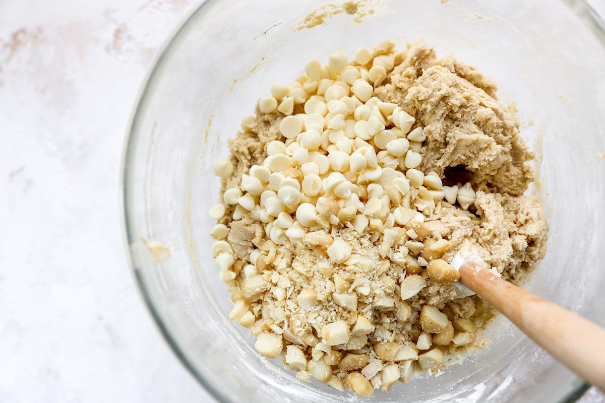 white chocolate macadamia nut cookie dough in bowl.