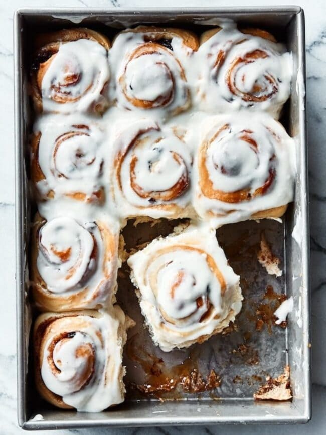 cinnamon rolls in pan. 