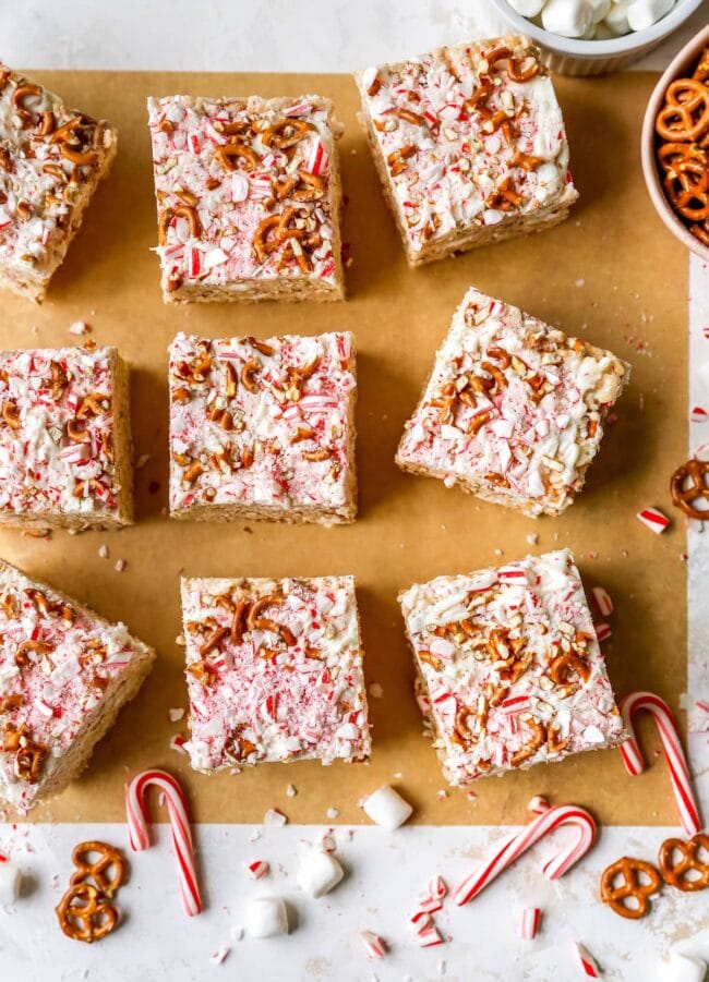 white chocolate peppermint pretzel rice krispie treats cut into squares