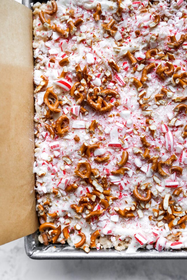 white chocolate peppermint pretzel rice krispie treats in pan