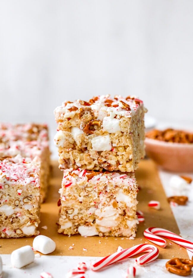 stack of white chocolate peppermint pretzel rice krispie treats 