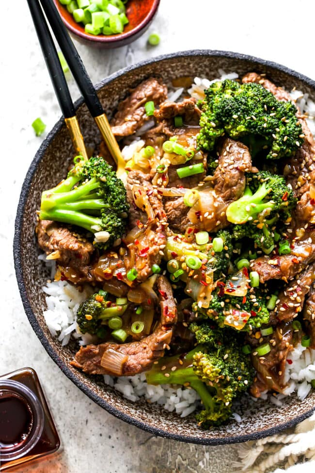 Beef and Broccoli with rice in bowl