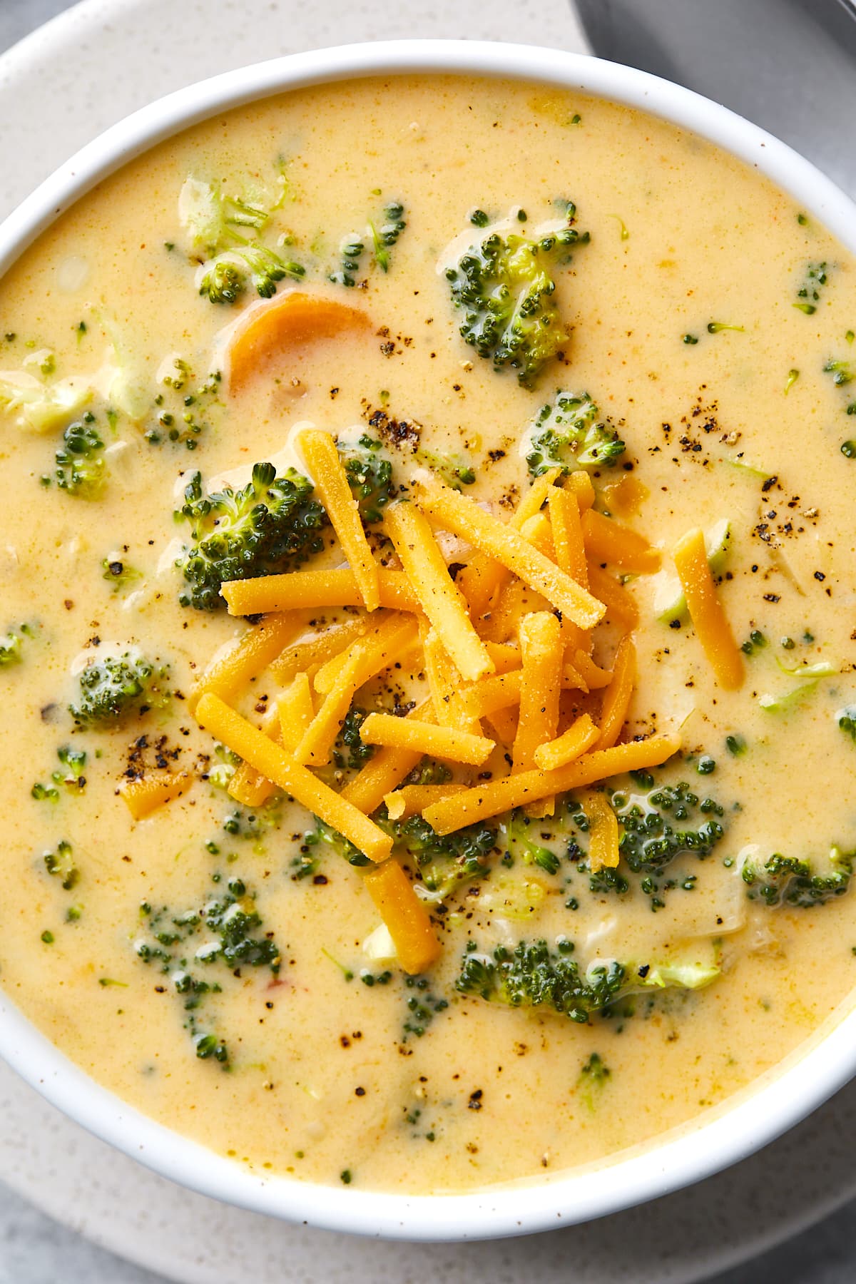 close up of broccoli cheese soup.