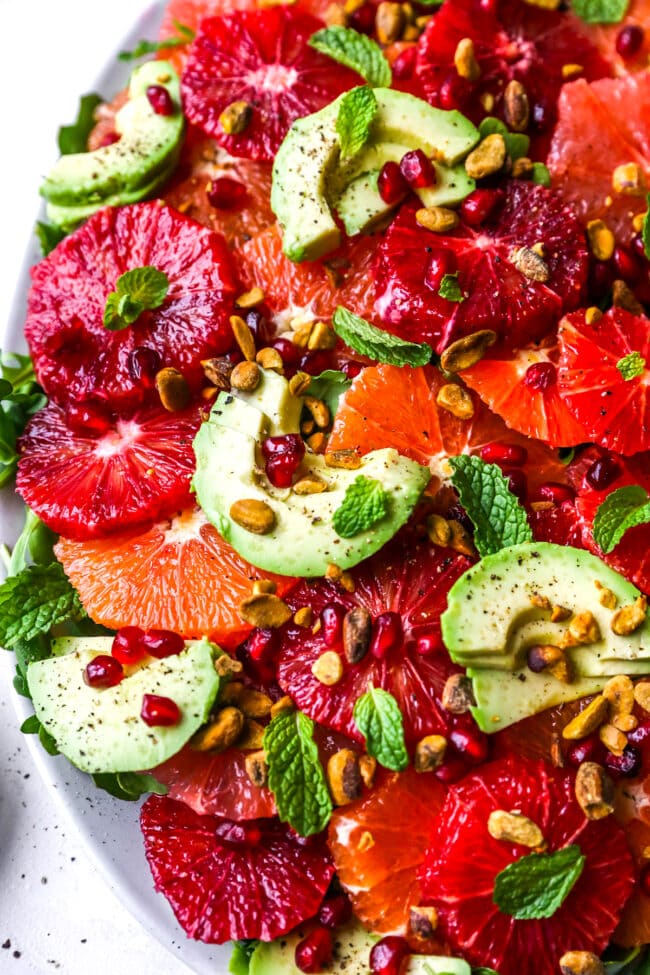 citrus salad with avocado, pomegranate, pistachios, and mint