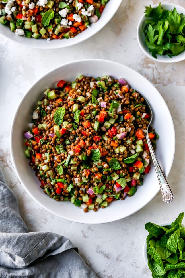 lentil salad in bowl with spoon