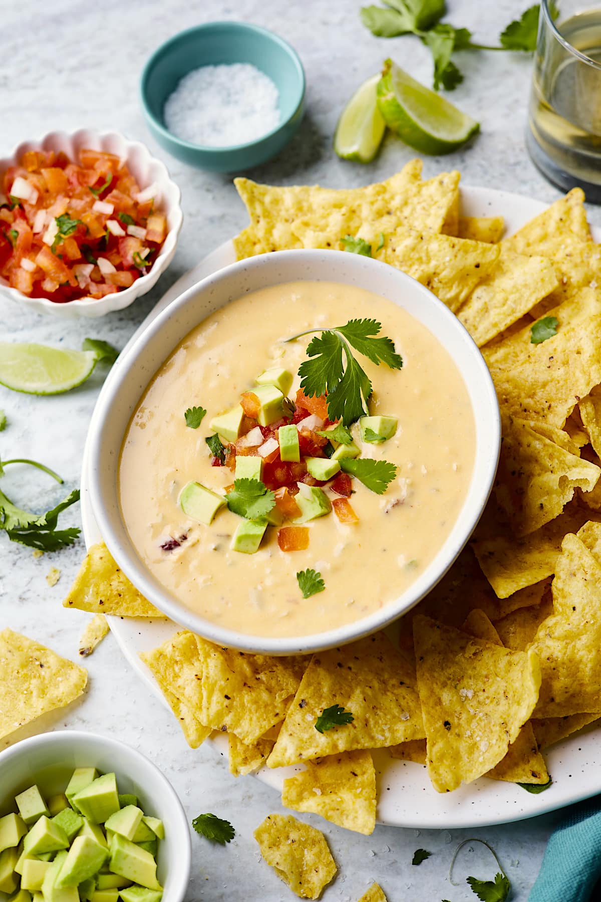 queso in bowl with tomatoes and avocado with tortilla chips.