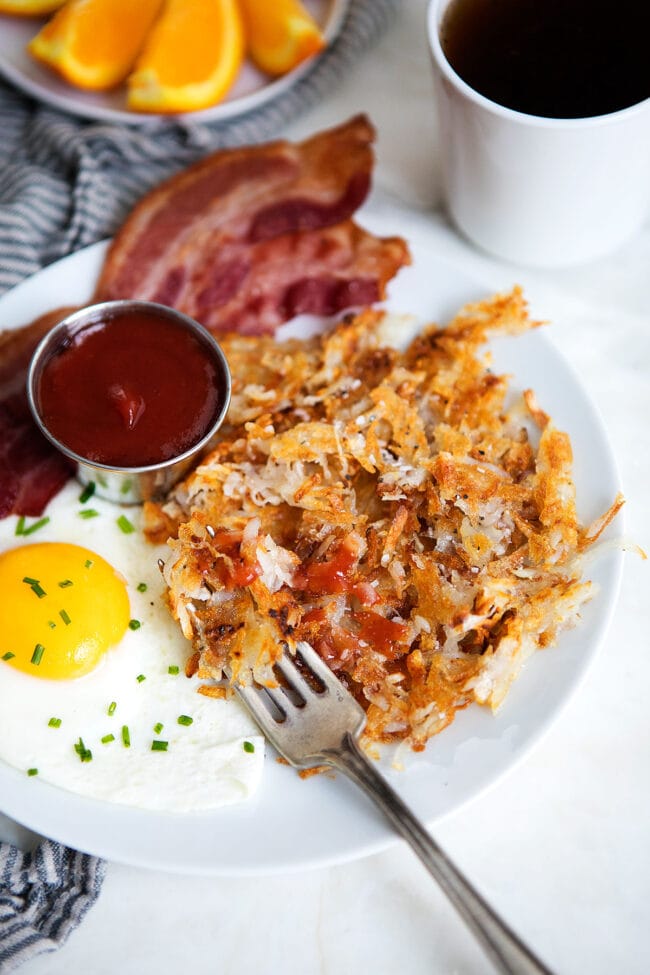 hash browns on plate. 
