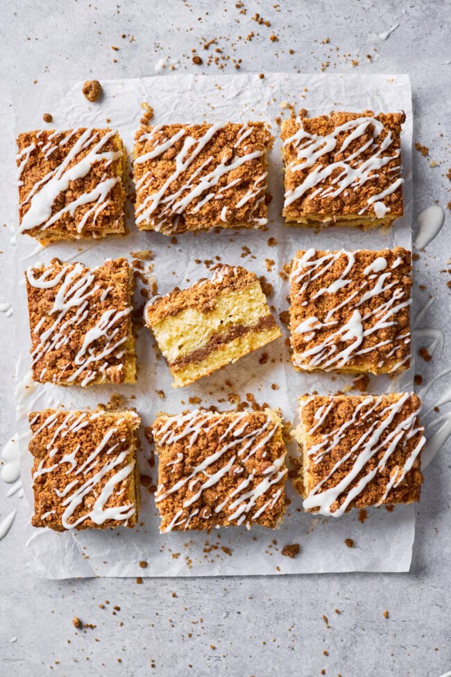 classic coffee cake cut into squares. 