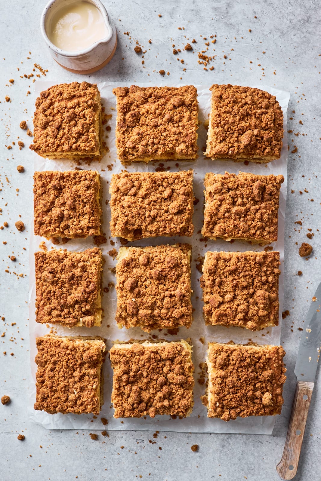 cinnamon coffee cake cut in squares. 