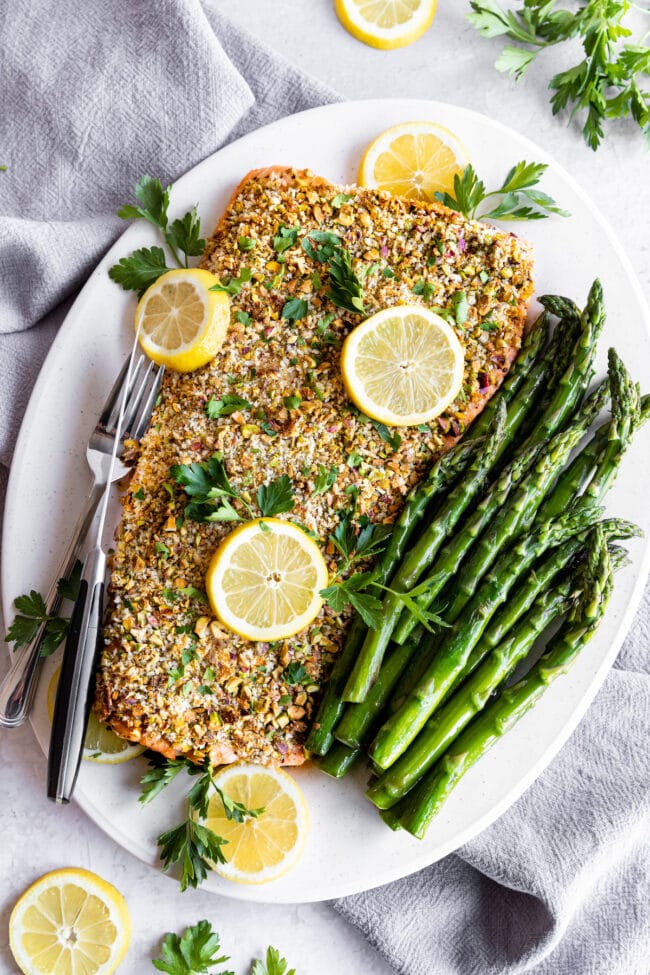 pistachio crusted salmon on platter