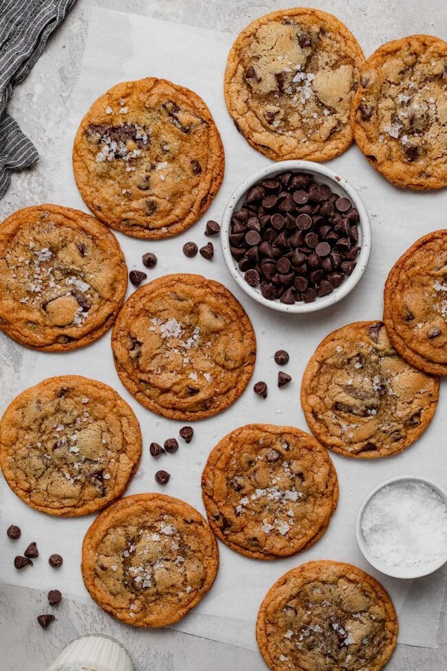 salted malted crispy chocolate chip cookies