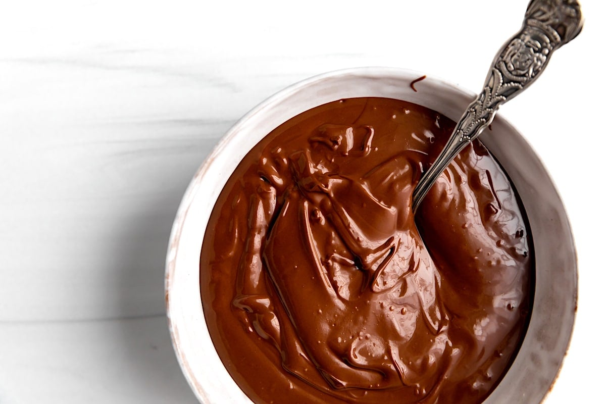 melted chocolate in bowl with spoon. 