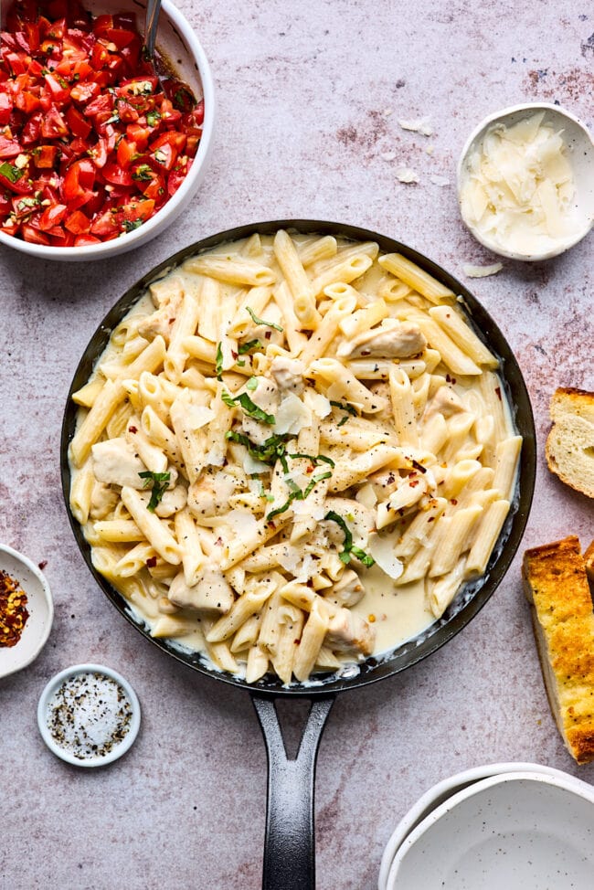 chicken penne pasta in skillet