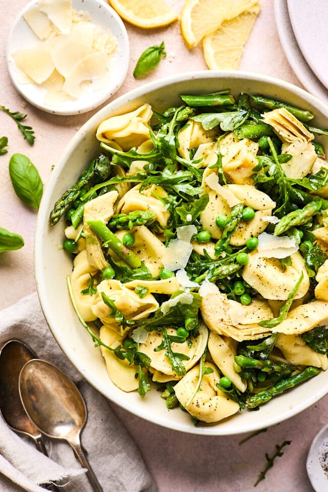 spring tortellini salad in bowl