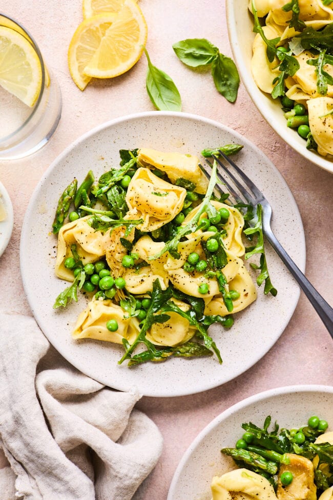 spring tortellini salad on plate