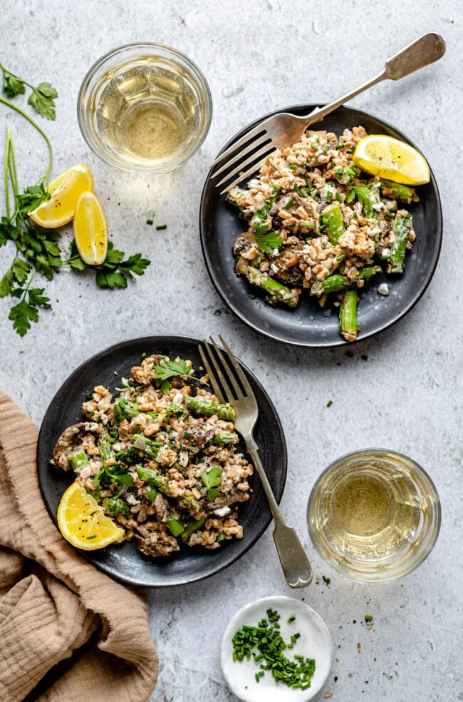 farro with mushrooms, asparagus, goat cheese, herbs, and lemon