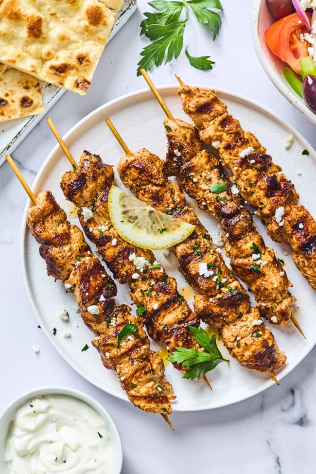 easy Greek chicken kabobs on plate