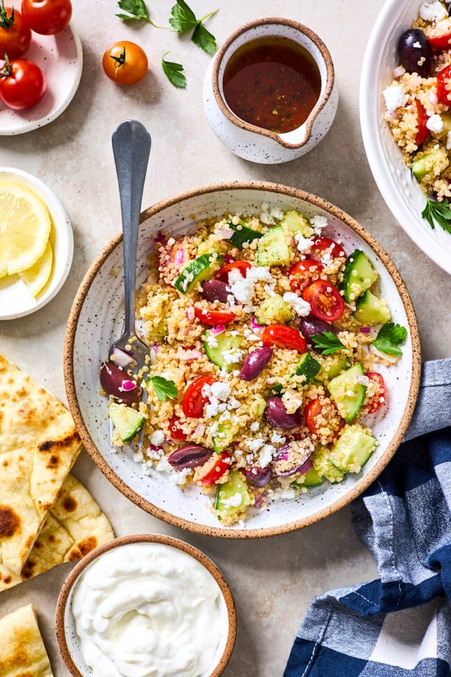 Greek quinoa salad in bowl