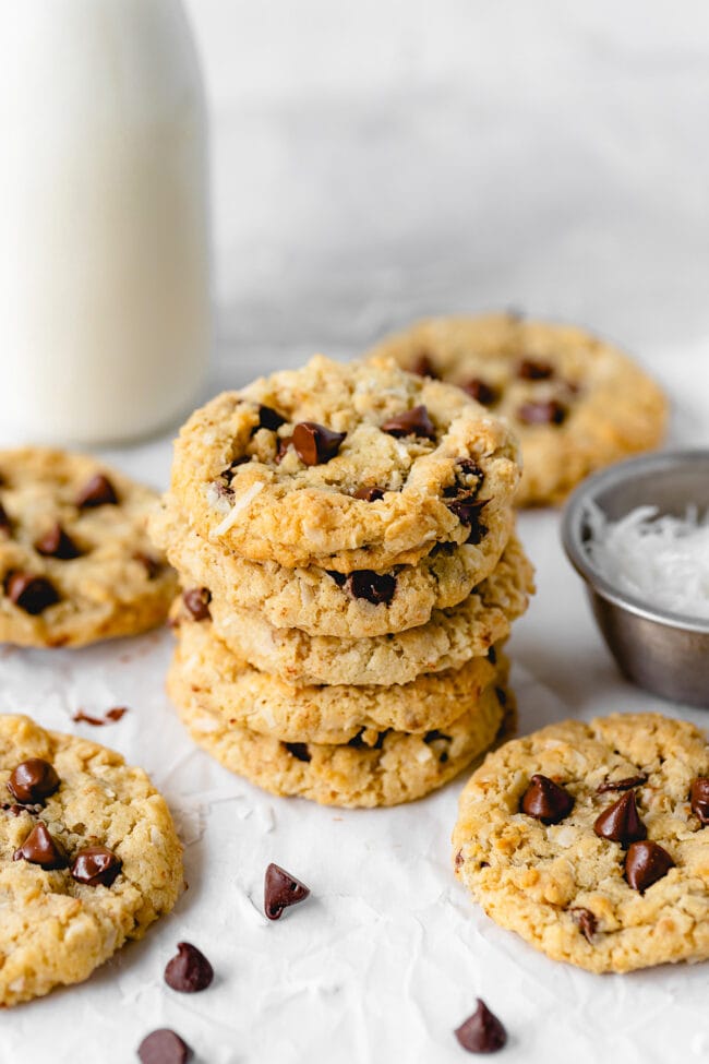 stack of oatmeal coconut chocolate chip cookies