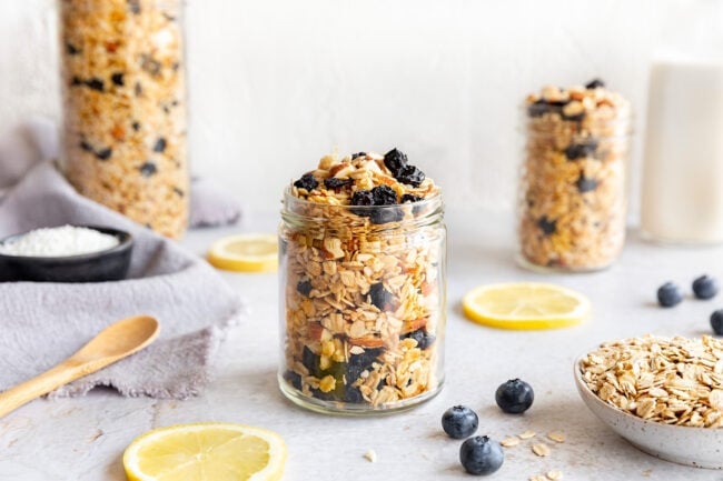 lemon blueberry granola in jars. 