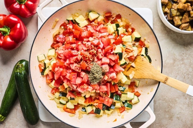 vegetables cooking in a skillet to make ratatouille. 