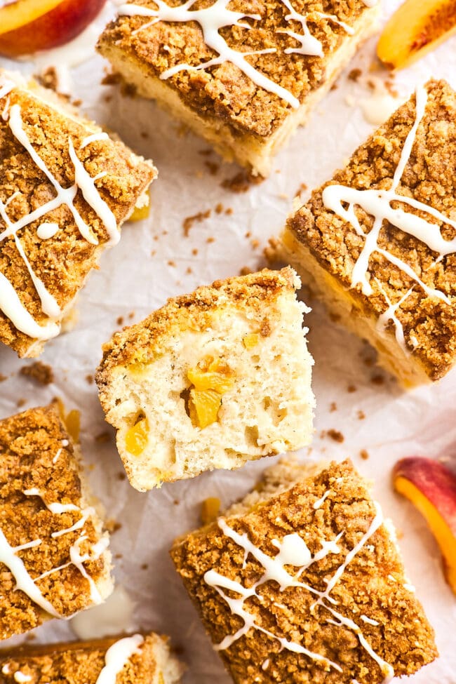 Peach coffee cake with vanilla glaze