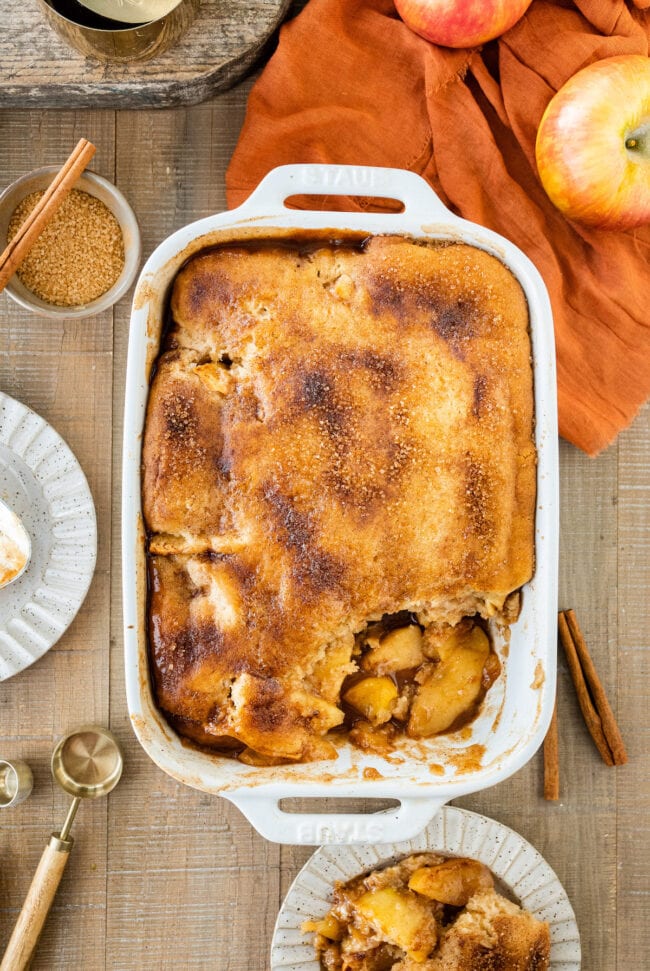 apple cobbler in baking dish.