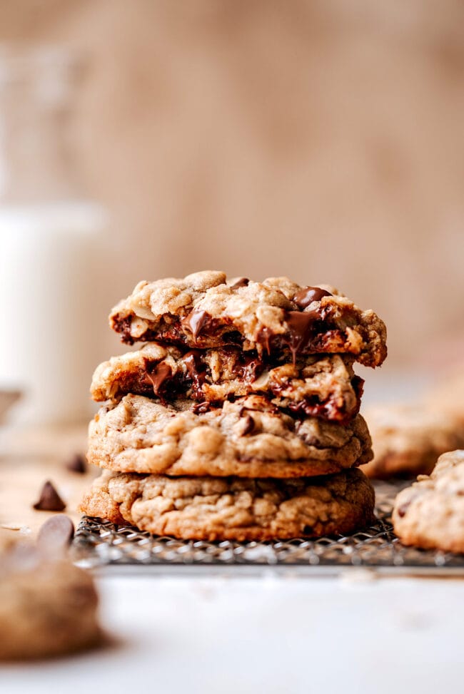brown butter oatmeal chocolate chip cookies stacked