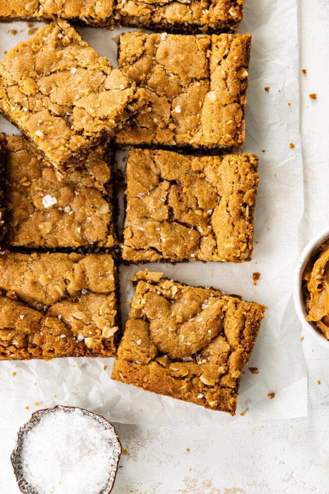 Biscoff caramel cookie bars cut into squares