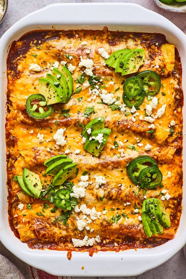 chicken enchiladas in pan. 